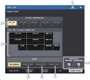 MIDI/GPI 화면의 FADER START 탭을누른다. 5. GPI OUT 포트마다외부기기를연동시키는채널과작동을설정한다. 1 CLEAR ALL 버튼모든선택을해제합니다.