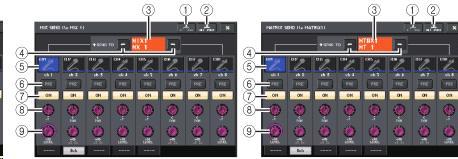 MIX/MATRIX 버스가스테레오버스인경우 MIX SEND/MATRIX SEND 화면 홀수, 짝수의번호순으로나열된 2 계통의 MIX/MATRIX 버스의주요파라미터를연동할수있습니다.