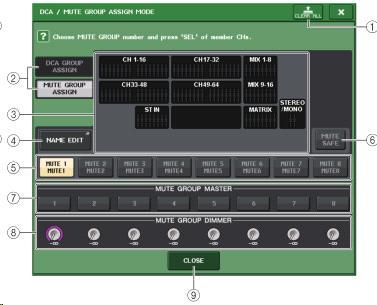 DCA/MUTE GROUP ASSIGN MODE 화면 뮤트그룹별로할당하는채널을선택합니다. 6 뮤트세이프버튼모든뮤트그룹중에서특정채널을어사인설정에관계없이제외하고싶을때에사용합니다. 뮤트그룹어사인표시필드에는뮤트그룹에서제외된채널이표시됩니다. 뮤트세이프에대해서는 " 뮤트세이프기능을사용 "(( P.60) 을참조해주세요.