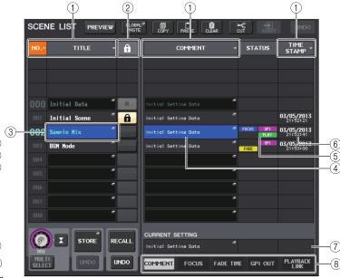 FUNCTION ACCESS AREA 의 SCENE 필드를누른다. 2. SCENE LIST 창하부의 COMMENT 탭을누릅니다.. 3.