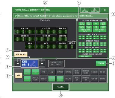 FOCUS RECALL 화면리콜하는파라미터를씬마다설정합니다. 3 SET BY SEL 버튼이버튼을켜면 [SEL] 키로채널을추가할수있습니다. 새로운채널을선택에추가하려면이버튼을켜고추가하는채널의 [SEL] 키를누릅니다. 다시한번같은 [SEL] 키를누르면선택이해제됩니다. QL1 인경우그기종에없는채널은표시되지않습니다.