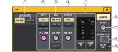 6 CLEAR CUE 버튼큐를일괄적으로해제합니다. MIX CUE 모드가선택되어있을때는선택되어있는채널이모두해제됩니다. CUE 화면큐의상세설정을합니다. 이화면은 INPUT/DCA/OUTPUT CUE 필드를누르면표시됩니다. 3 DCA CUE 필드 DCA 의큐에관한설정을합니다.