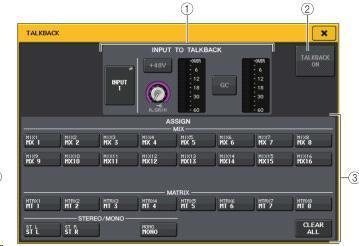 선택한포트이름이버튼안에표시됩니다. INPUT GAIN 노브... 선택한포트의인풋게인을설정합니다. 인풋레벨미터... 인풋게인통과후의레벨이표시됩니다. 3 TALKBACK ASSIGN 필드현재선택되어있는토크백의출력장소가인디케이터로표시됩니다. 4 TALKBACK ON 버튼토크백의온 / 오프를전환합니다.