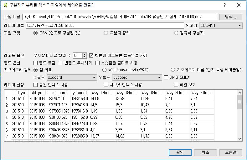 2) QGIS 시작 2-3. CSV 파일로드 2. QGIS 기초 2. 로드할파일의설정 1) [ 탐색 ] 버튼을눌러불러올파일을선택 2) 파일에맞는 [ 인코딩 ] 설정 3) 파일포맷을선택.