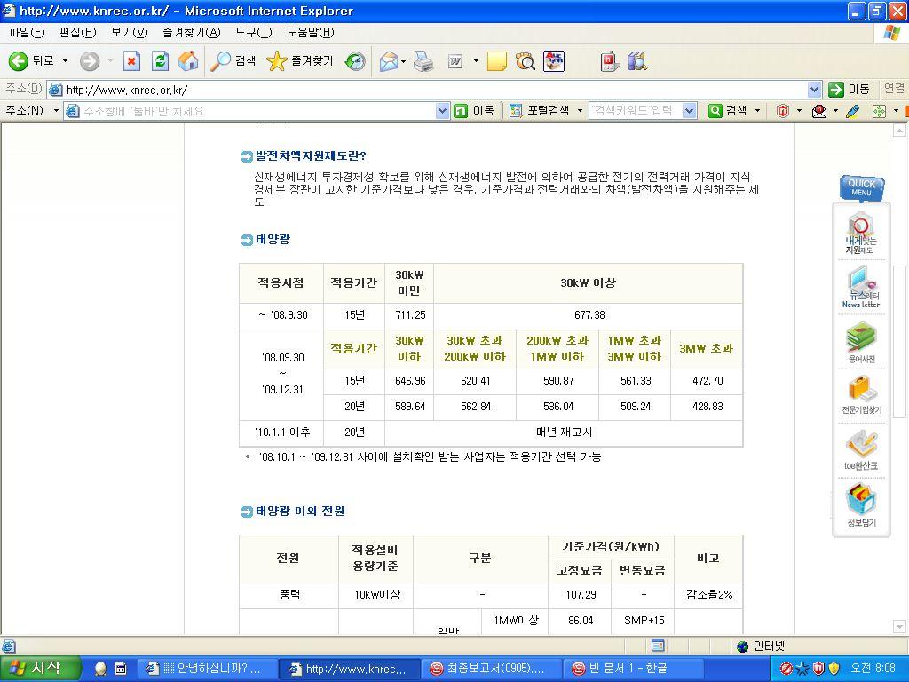 제 6 장폐기물에너지제품이용 보급촉진방안 < 표 6.2-2> 정부의발전차액제도현황, 에너지관리공단신재생에너지센터 태양광발전 태양광외발전 < 별표 1-2>: 적용대상전원의적용기준및기준가격 ( 08.10.1 이후 ) 전원 적용설비용량기준 구분 기준가격 ( 원 / kw h) 고정요금 변동요금 비고 풍력 10 kw이상 - 107.