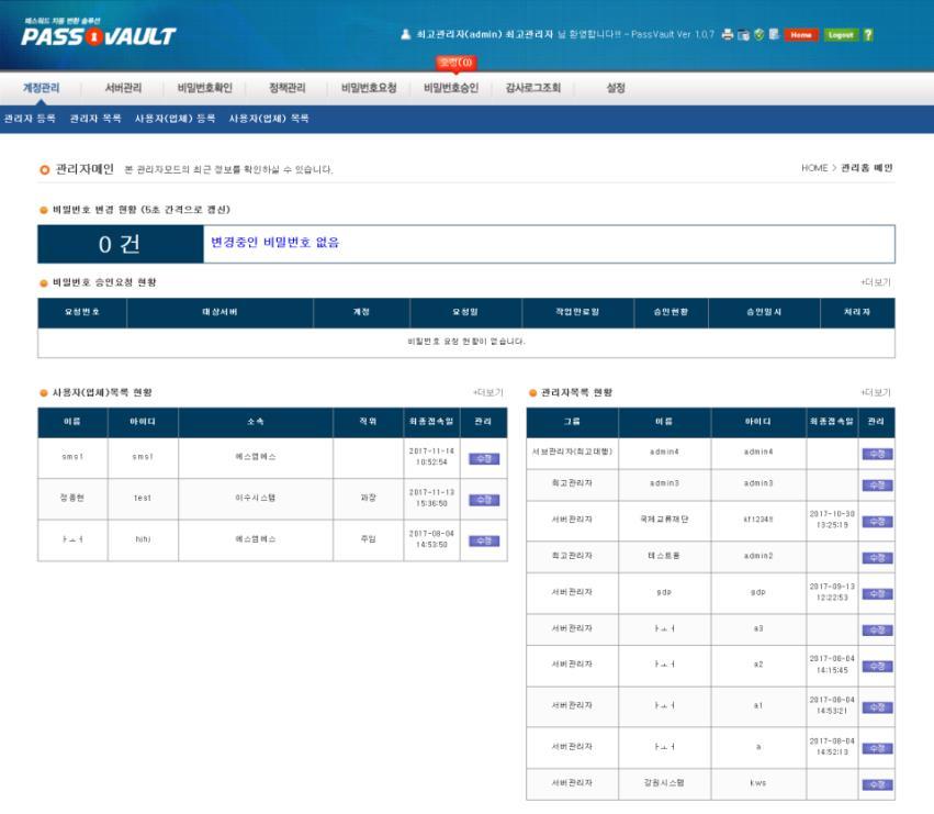 2. 패스볼트솔루션소개 - (2) 기능구성및메인화면 패스볼트는크게 패스워드변경, 사용요청, 접속관리, 감사로그, 관리기능 등의기능으 로구성되어있습니다.