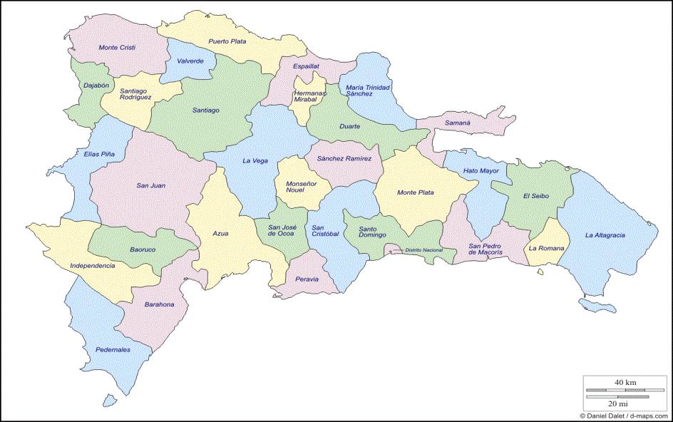 2. 행정구역 행정구획도 크게는 1개의수도 (Santo Domingo, Distrito Nacional) 와 10개의광역지역 (Region) 으로나누어지고, 각광역지역에는 3-4 개의주 (Provincia) 가속해있으며, 주에지방자치단체인자치시등이속해있음.