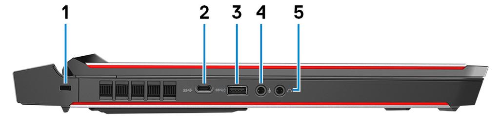 USB3.1 Gen2 의경우최대 10Gbps, 썬더볼트 3 의경우최대 40Gbps 의데이터전송속도를제공합니다. 5 외부그래픽포트 그래픽성능향상을위해 Alienware 그래픽증폭기에연결합니다. 6 전원어댑터포트 왼쪽 컴퓨터에전원을제공하고배터리를충전하기위해전원어댑터를연결합니다.