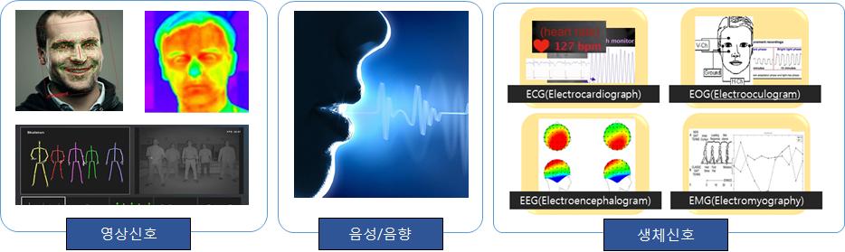 ICT 신기술 < 자료 > Google [ 그림 1] 영상 / 음성 / 생체의복합적신호시스템 마지막으로생체신호정보기반감정인식의경우, EEG, EMG, ECG 등의생체신호가인간의심리상태를파악하는데상관관계가매우큰정보가될수있다. 최근수요가증가하고있는스마트워치등의웨어러블디바이스를이용한생체신호및감정상태모니터링기술이개발되고있다.