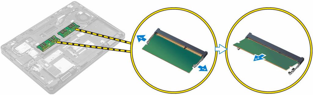 선택사항인 PCIe SSD 장착 1. SSD 클립을컴퓨터의슬롯에삽입합니다. 2. SSD 클립을컴퓨터에고정하는나사를조입니다. 3. 접착제를제거하고열패드를컴퓨터의슬롯안에고정시킵니다. 4. SSD 를컴퓨터의커넥터에삽입합니다. 5. SSD 브래킷을 SSD 에놓고나사를조여컴퓨터에고정합니다. 6. 다음을설치합니다. a. 배터리 b. 베이스덮개 7.