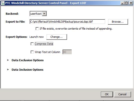 다음이미지에표시된 LDAP 내보내기설정을사용합니다. 자세한내용은 Exporting Entries to an LDIF File( 엔트리를 LDIF 파일로내보내기 ) 을참조하십시오. 7. 대상시스템에 PTC Windchill PDM Essentials 10.2를설치합니다. 자세한내용은 17페이지의설치및구성항목을참조하십시오.