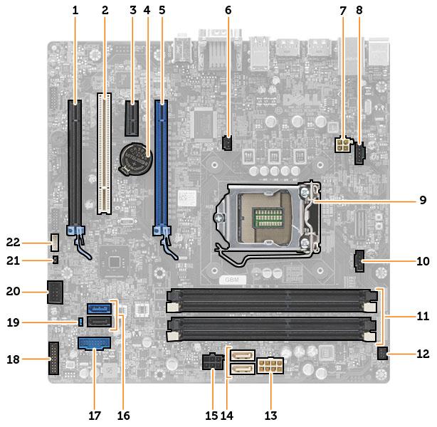 시스템보드구성요소 그림 1. 시스템보드의구성요소 1. PCI Express x16 슬롯 ( 유선은 x4) 2. PCI 슬롯 3. PCIe x1 슬롯 4. 코인셀전지 5. PCI Express x16 슬롯 6. 침입스위치커넥터 7. 4핀 CPU 전원커넥터 8. 시스템팬커넥터 9. CPU 소켓 10. 방열판팬커넥터 11.