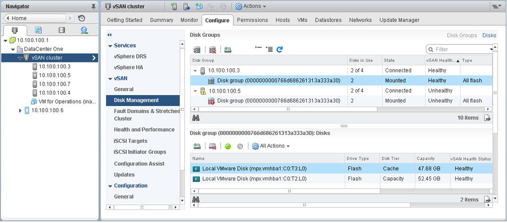 10 장 vsan 클러스터에서디바이스관리 3 vsan 에서디스크관리를클릭합니다. 4 디스크할당아이콘 ( ) 을클릭합니다. 5 디스크그룹에추가할디바이스를선택합니다. 하이브리드디스크그룹에스토리지를제공하는각호스트는플래시캐시디바이스하나와용량디바이스하나이상을제공해야합니다. 디스크그룹당하나의플래시캐시디바이스만추가할수있습니다.