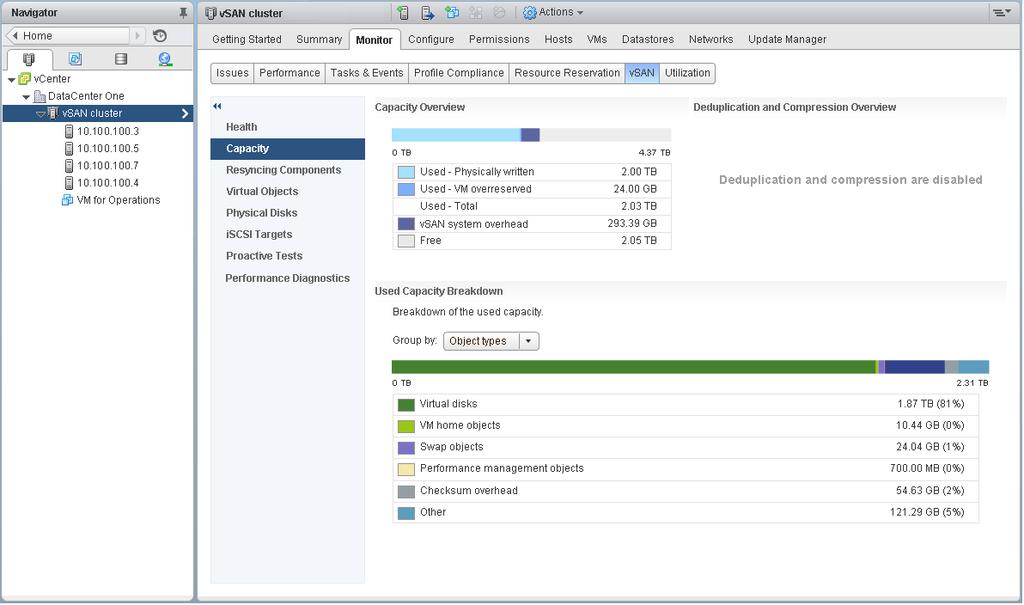 5 용량을선택하여, 클러스터에프로비저닝되어사용된용량의양에대한정보를검토하고, 개체유형이나데이터유형별로사용된용량에대한분석을검토합니다. 6 구성탭을선택하고일반을선택하여 vsan 클러스터의상태를점검하고, 인터넷연결을확인하고, 클러스터에서사용되는온디스크형식을검토합니다.
