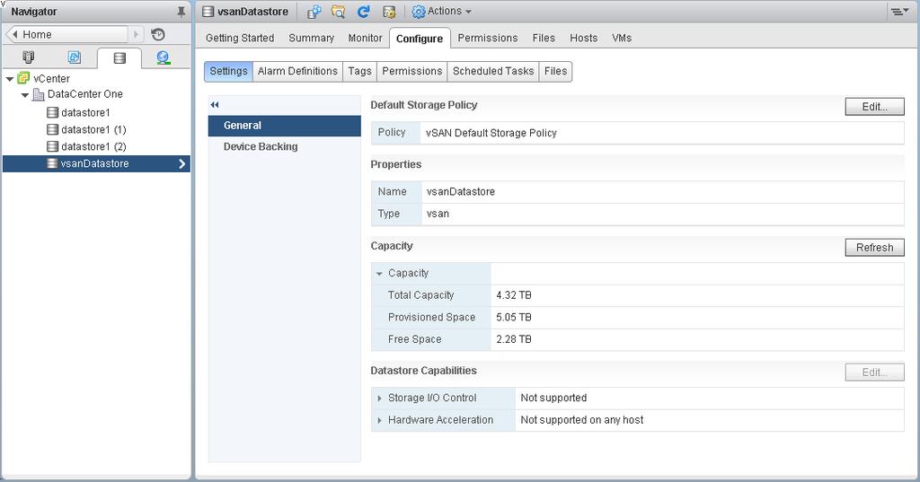 5 장 vsan 클러스터생성 vsan 데이터스토어보기 vsan 을사용하도록설정하면단일데이터스토어가생성됩니다. vsan 데이터스토어의용량을검토할수있습니다. 필수조건 vsan 을활성화하고디스크그룹을구성합니다. 1 vsphere Web Client 에서스토리지로이동합니다. 2 vsan 데이터스토어를선택합니다. 3 구성탭을클릭합니다.