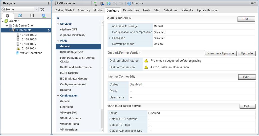 9 장 vsan 클러스터업그레이드 vsphere Web Client 를사용하여 vsan 디스크형식업그레이드 vsan 호스트업그레이드를마친후에는디스크형식업그레이드를수행할수있습니다. 참고기존 vsan 클러스터에서암호화또는중복제거와압축을사용하도록설정하면온디스크형식이최신버전으로자동업그레이드됩니다. 따라서이절차는필요하지않습니다.