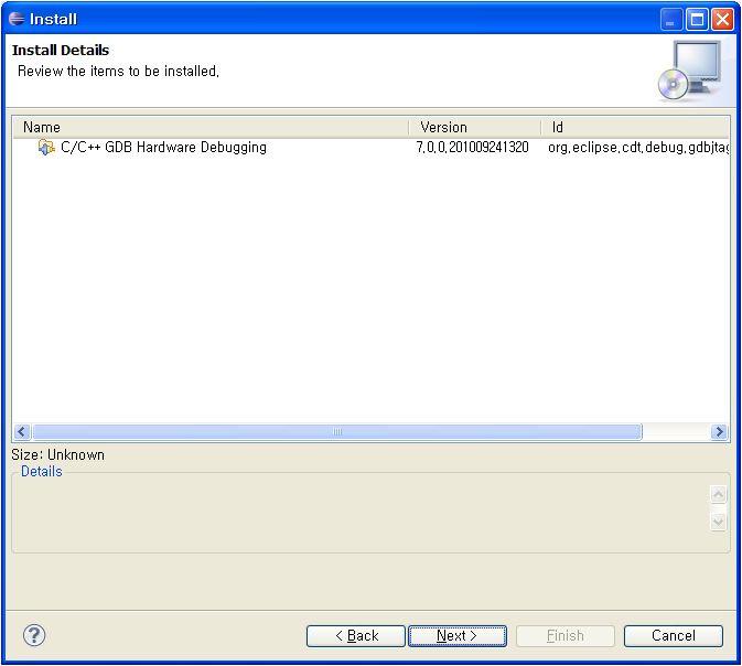 CDT Optional Features 항목좌측의 + 를클릭하여확장시켜위그림과같이 Eclipse C/C++ GDB Hardware Debugging 항목좌측의선택상자를체크한다음 Next 버튼을 클릭합니다.