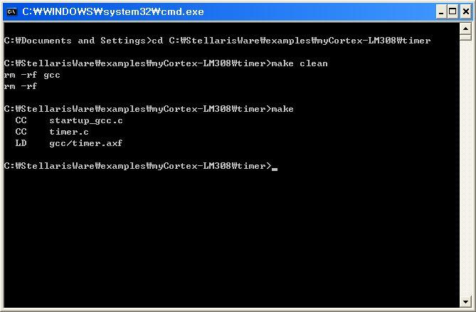 그림 38 cmd 창에서 timer 예제빌드 동봉된 8 핀케이블을이용하여 Stellaris-JTAG 을 mycortex-lm308 프로세서보드와연결하고, USB 케이블을이용하여 PC 와