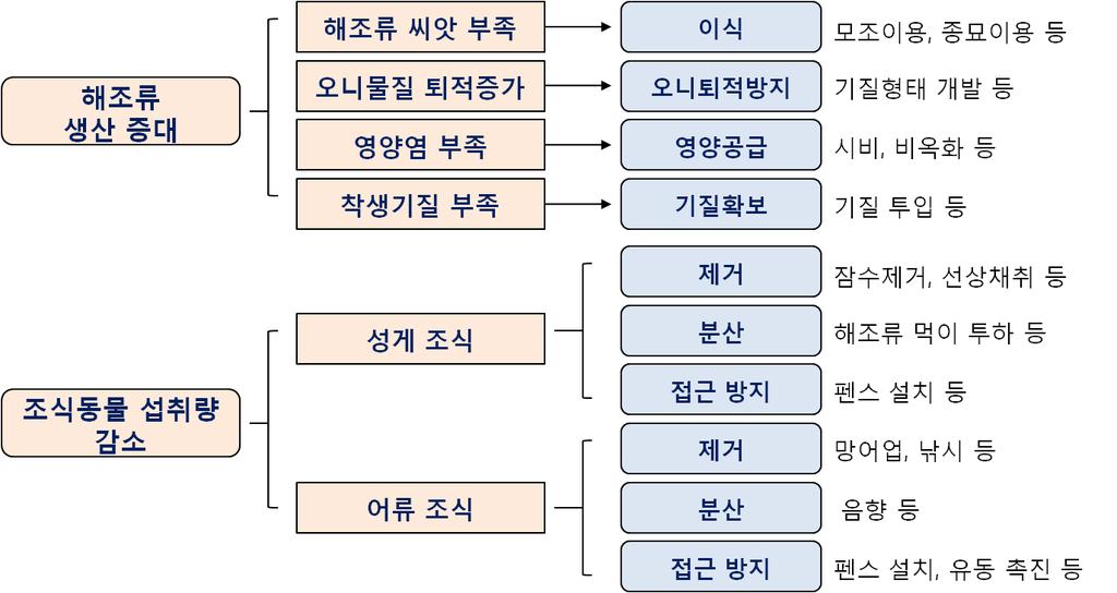 과거부터일본에서는갯녹음대책으로서투석, 해조류이식등을실시해왔지만, 해조장이회복된사례는극소수이다.