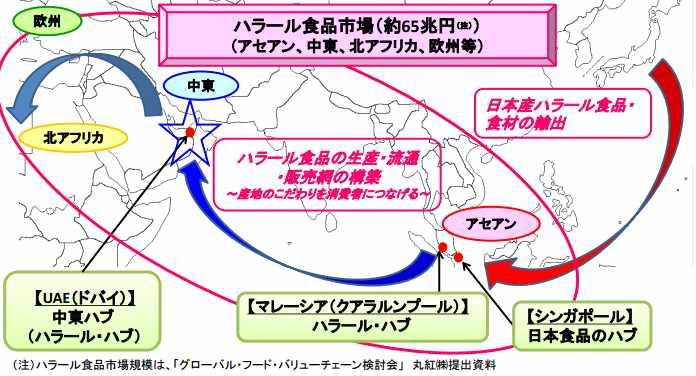 Ⅴ. 주요국할랄진출전략벤치마킹 145 이슬람권진출을위한푸드특구설치 또한일본농식품의할랄수출을촉진하기위하여아래그림과같이민관협력으로아세안의할랄허브인말레이시아 ( 쿠알라룸프 ) 와중동의할랄허브인 UAE ( 두바이 ) 등을거점으로하는할랄식품의생산 유통 판매의식품가치사슬을구축하고, 쿠알라룸프, 두바이등의 ' 할랄허브 ' 외에 ' 싱가포르허브 '