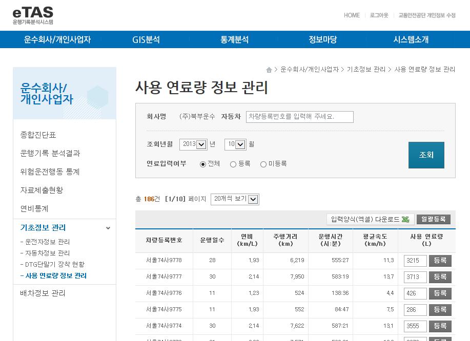 1 우리회사의사용연료량정보가보여집니다. 우리회사의사용연료량을입력하고 싶을경우사용연료량영역의입력박스에사용연료량을입력하고 클릭합니다.