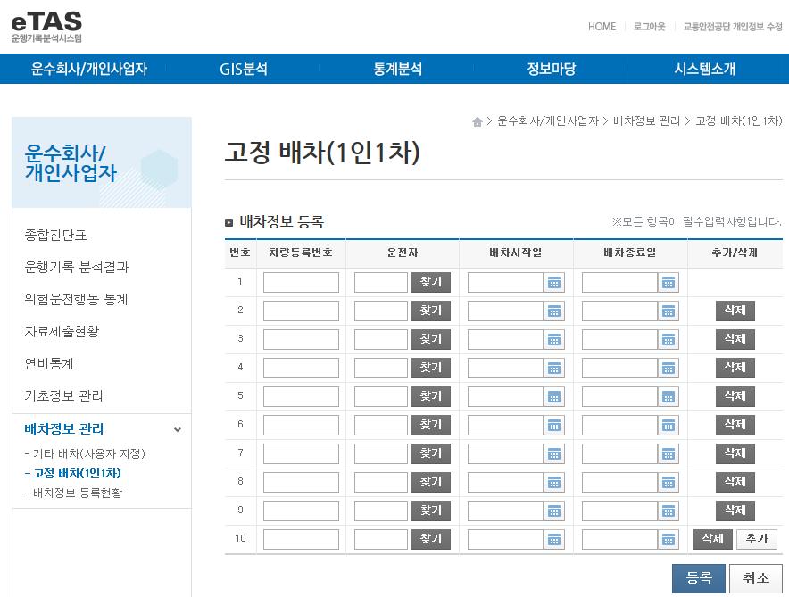 파일을업로드합니다. 버튼을클릭하면고정배차일괄등록팝업이닫기면서정보가저장됩니다. 2 등록버튼을클릭하시면등록페이지로이동합니다. 등록페이지에서차량등록번호, 운전자, 배차시작일, 배차종료일을입력하고등록버튼을클릭하면저장됩니다. 3 수정버튼클릭하시면등록된정보를수정하실수있습니다. B.