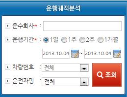 A. 기본검색 운행궤적분석, 위험운전행동분석, 실시간위치관제, 사고지점중첩분석을위한 기본검색방법 1 운수회사 ( 필수항목 ) : 조회하고자하는운수회사를입력합니다. ( 사용자가운수회사의권한으로로그인하면해당운수회사의정보만조회가가능합니다.) 2 운행기간 ( 필수항목 ) : 조회하고자하는차량의운행기간을설정합니다.