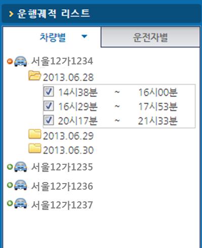 B. 조회결과창 ( 차량별 / 운전자별검색 ) 검색창에서조회한결과의차량별 / 운전자별로조회 1 차량별운행궤적조회 : 조회창에서조회한운수회사, 운행기간의운행기록이차량 (