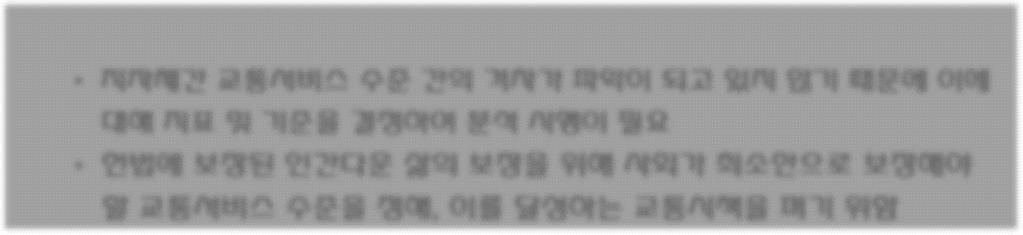 나. 보편적교통서비스와최저교통서비스 최저교통서비스지표및기준 주요내용 정부가최저서비스수준을설정하여공포하되, 지방자치단체도자체적 으로최저서비스수준을설정할수있음 일반국민이언제어디서나제정사유적정한교통요금등을통해제공받을수있는적정수준의교통서비스