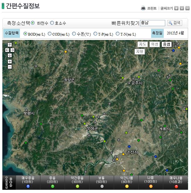 <그림 38> 물환경정보 시스템 충청남도 환경보건은 산업단지 뿐만 아니라 폐금속광산 등 많은 위해 요인을 가지고 있어서 이에 대한 환경위해성과 천식, 아토피 등 환경성질환 증가, 수인성 질병 등 환경으로부터 발생 한 보건문제를 지표로 관리하는 방안이 필요하다.