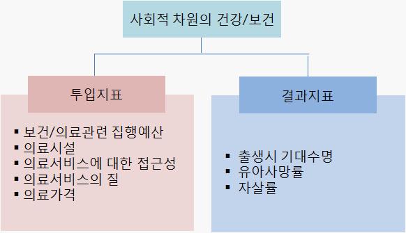 사회적차원의건강 보건은다음과같다. 사회적차원의건강 / 보건에대한지표는투입지표로보건 / 의료관련집행예산, 의료시설, 의료서비스에대한접근성, 의료서비스의질과가격을고려할수있을것이며, 결과지표로는출생시기대수명, 유아사망률, 자살률을고려할수있을것이다.