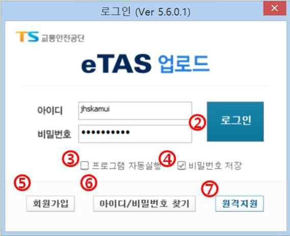 2. etas 업로드실행 가. 로그인 1 바탕화면에설치된아이콘을더블클릭하여실행합니다. 2 아이디와비밀번호를입력하여로그인합니다. etas.ts2020.kr 로그인아이디 / 패스워드와동일합니다. 3 [ 프로그램자동실행 ] 을선택하면컴퓨터시작시 etas 업로드가자동으로실행됩니다.