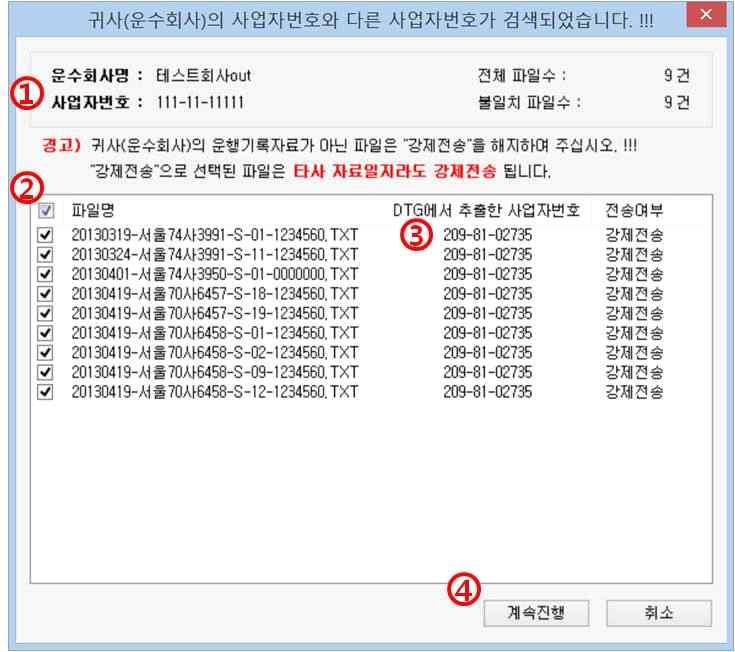 나. 전송시작 A. 사업자등록번호가다른경우전송하려고선택한운수회사와 DTG에설정된사업자등록번호가다를경우다음과같은창이뜹니다.