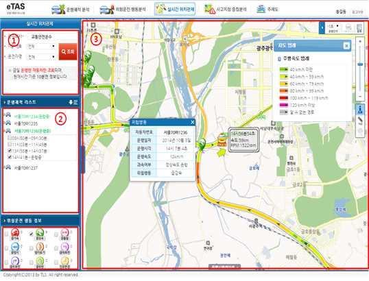 다. 실시간위치관제 4 1 조회를원하는운수회사와자동차번호또는운전자를선택합니다. 이때조회되는자동차는현재시간기준 10분전의자동차를기준으로표시됩니다. 2 조회된운행궤적리스트에서실시간위치관제를원하는자동차를선택하면지도영역에현재운행중인자동차의위치및궤적정보가조회됩니다. 이때당일운행을기준으로현재운행중인자동차는 ( 운행중 ) 표시가됩니다.