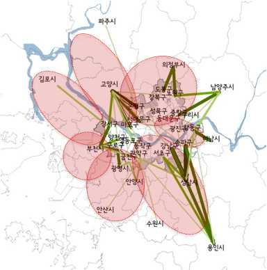 [ 그림 3-1] 서울전출가구의가구이동네트워크 : 2001-10 [ 그림 3-2] 유출통근자통근네트워크상위 50(2010) 2) 부산 (1) 주력산업쇠퇴 조성된지 30년이상된주력산업의쇠퇴,