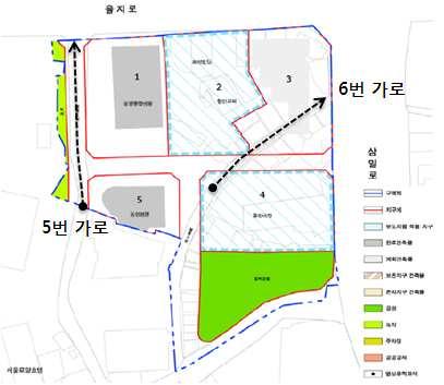 범죄두려움이높게나타난가로의공통적특징은건물이단일업무용도이거나, 상업용 도이지만이용률이낮은꺾인형태의골목길이라는점이다. 특히 6번가로는정비사업의 지연으로건물이노후화되고우범지역으로지정된곳이지만, 이미정비사업이완료된 5번 가로보다두려움이낮게나타났다.