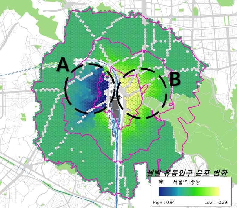 Analysis of Seoul Station Overpass Pedestrianization Project s Influence on Walking Accessibility and Floating Population Movement Patterns in the Surrounding Area < 그림 7> 사업시행전 후셀별유동인구변화 < 그림 8>