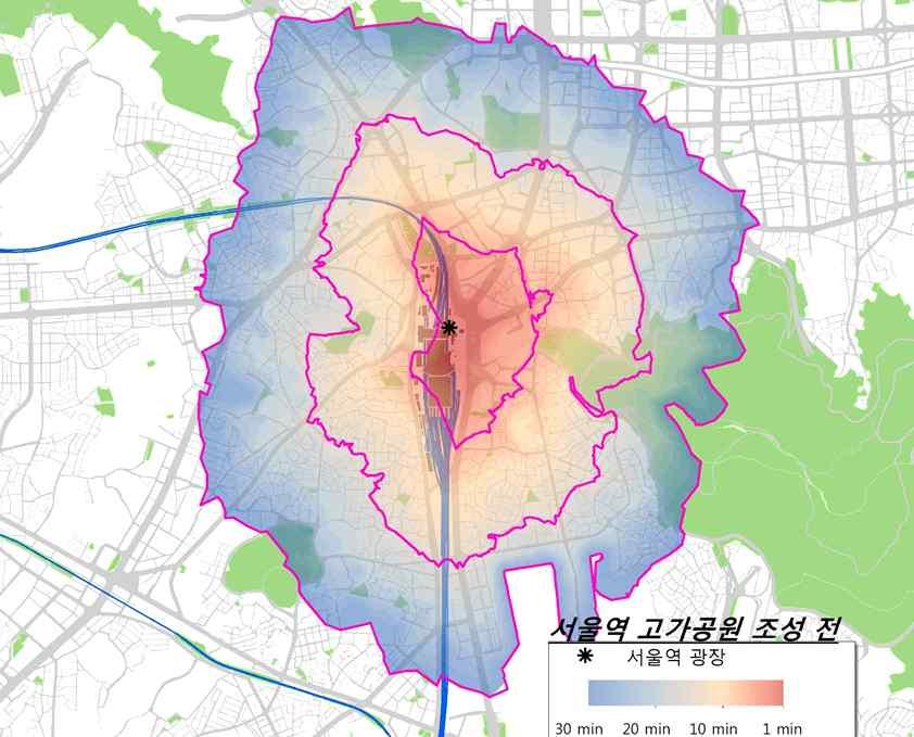 서울역고가도로보행화전 후를비교해볼때, 접 근가능경로길이는약 22,825 (+8.92%), 접근가능권역면적은약 724,120 (+9.20%) 가증가하였다. 즉서울역고가도로보행화사업이기존의단절된지역을연결하는역할을함으로써지역내보행네트워크를개선하고보행권역을확장시킨다.