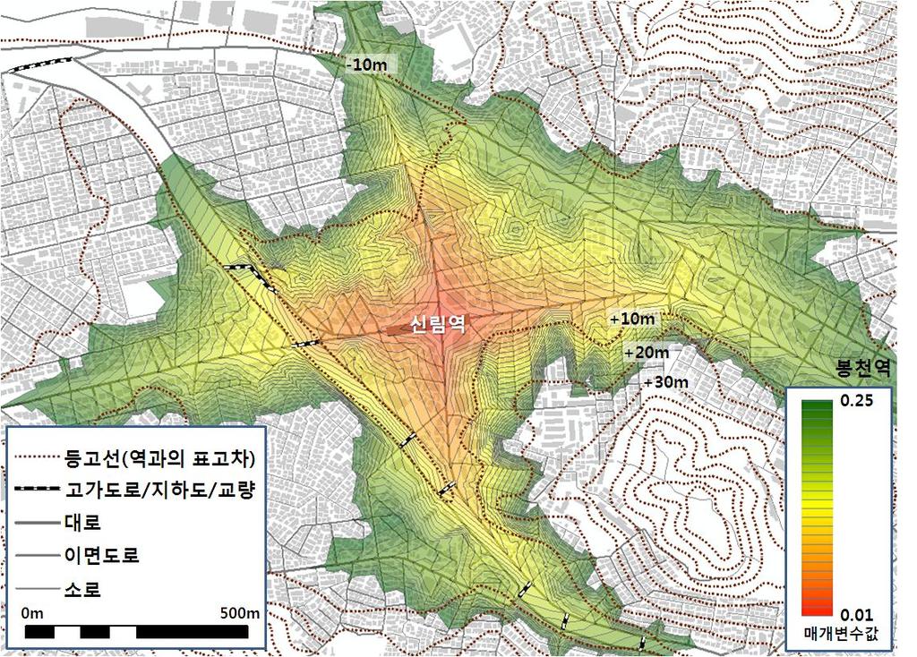 GIS 네트워크분석을활용한도시철도역주변지역상업시설입지분포패턴추정연구 그림 7. 매개변수값변화에따른상업시설입지분포패턴추정지역변화 되는건축물을대상으로상업과비상업용도건물의 개수와건폐면적 ( 주5 참조), 그리고점유비율변화 를분석하였다. 매개변수값이 0.01 일때포함되는 건축물의총개수는 3 개이지만, 0.