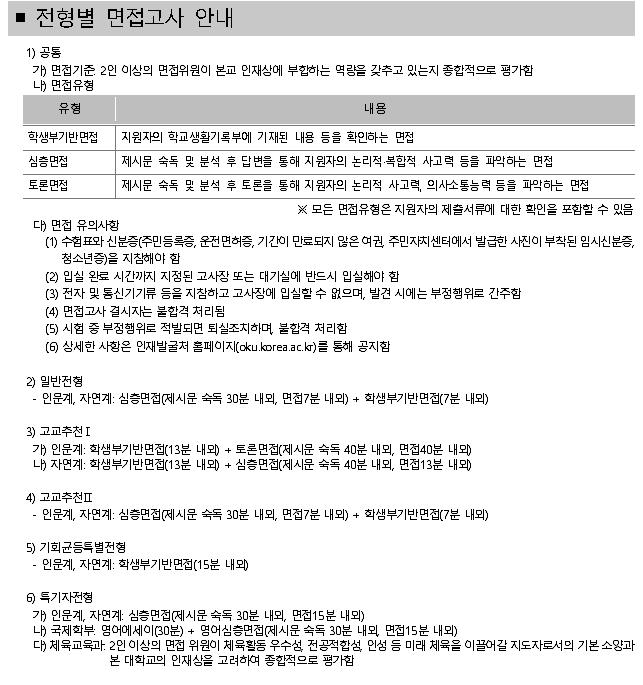 2 대학별고사의방향성 2018학년부터논술전형을폐지하고학생부종합전형을확대시행하고있는고려대의변화가앞으로의대학별고사의방향성을간접적으로보여줄수있다고생각된다. 고려대는학생부기반면접, 제시문기반의심층면접및토론면접을시행하면서, 통합적인사고력을평가하는면접의방향을제시하고있다.