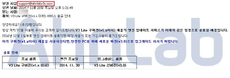 보안이슈 03 안랩 V3 Lite 업그레이드 사칭한악성코드 Security Issue 최근 [ 그림 2-14] 와같이 V3 Lite를최신버전으로업그레이드하세요! 라는제목으로 안랩 을사칭한메일이수신되었다.