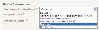 Container Atmosphere : No preference 선택 (Magnum 컨테이너인경우 : Magnum 선택 ) Temperature( 섭씨 / 화씨 )