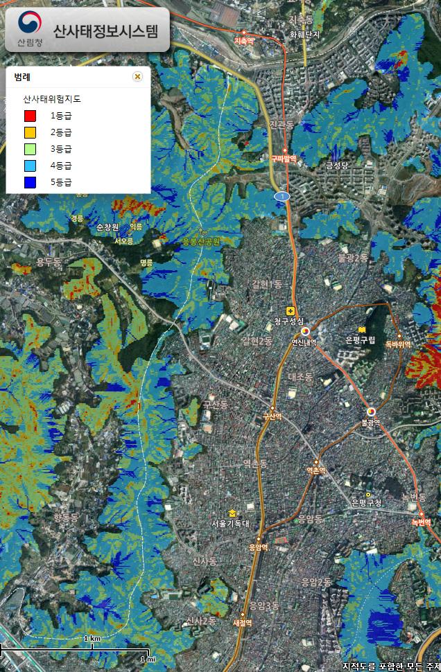 도이다. 산사태 예측정보 및 주제도는 web-gis 및 표 형태로 제공되고 있다.