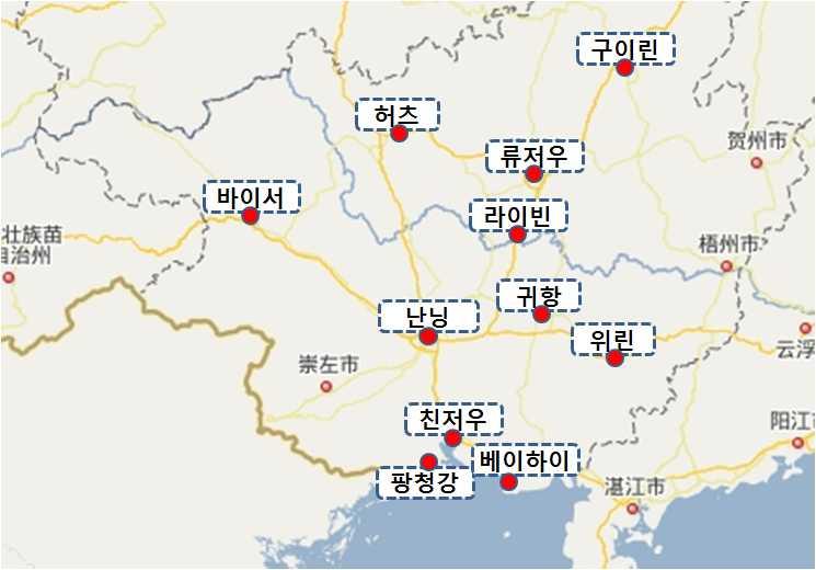 제3장 주강지역 물류현황 및 실태분석 87 <표 3-17> 광시장족자치구 철도연장 추이(2005-2009) (단위 : km, %) 지역 2005 2006 2007 2008 2009 CAGR(%) 광시장족 자치구 2,728.8 2,735.2 2,734.2 2,731.4 3,126.0 3.