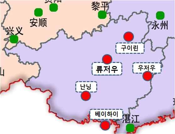 제3장 주강지역 물류현황 및 실태분석 91 [그림 3-22] 광시장족자치구 2006년 공항분포도 및 2020년 공항계획도 자료: 중국민용항공총국( 4.