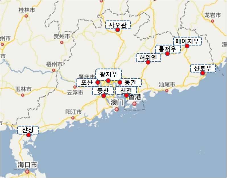 제 3 장주강지역물류현황및실태분석 117 ( 广州 ), ( 深圳 ), ( 东莞 ), ( 惠州 ), ( 佛山 ), ( 汕头 ), ( 茂名 ), ( 湛 江