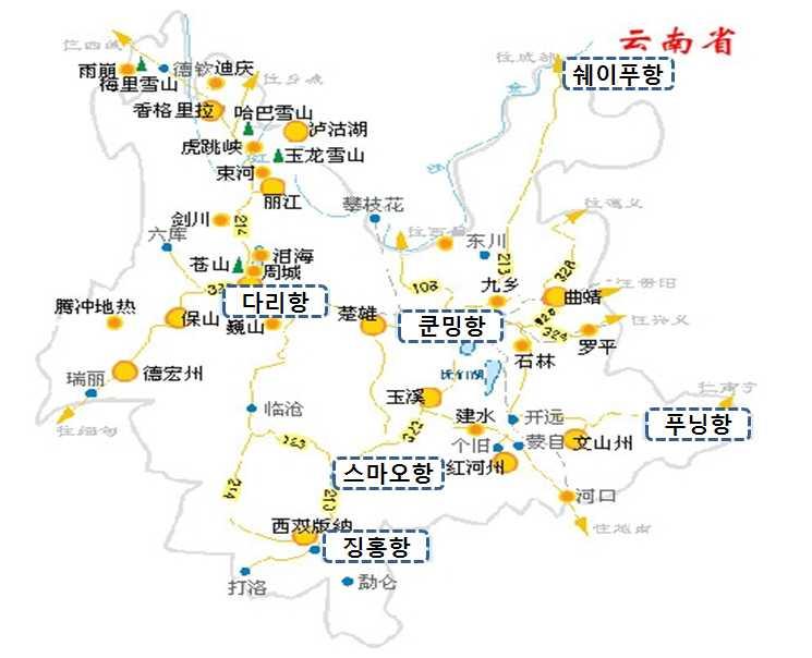 제3장 주강지역 물류현황 및 실태분석 61 [그림 3-6] 윈난성 항만분포도 자료 : 중국항구망 (中国港口网) 년 말 기준으로 윈난성 항만의 화물물동량은 400만 톤이고, 화 물운송회전량은 6.9억 톤-km이다. 그 중 출항하는 화물물동량이 253.3만 톤으로 절반 이상이고, 대외무역화물이 39.