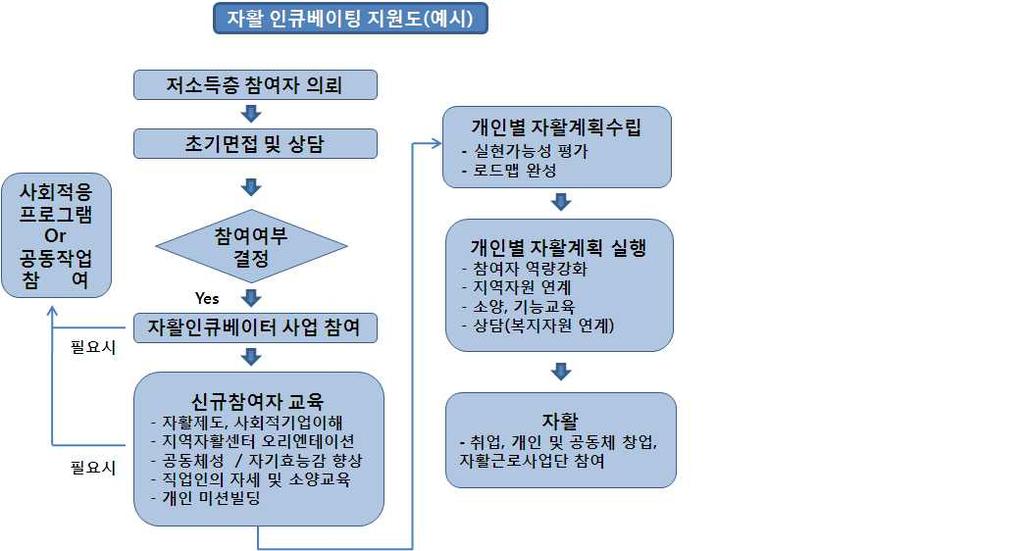 < 그림 > 자활인큐베이팅지원도 사업구분자활인큐베이팅사업활성화 ( 신규인력 2명지원 ) 보건복지가족부희망리본프로젝트성과관리형등자활시범사업실시 ( 단위 : 백만원 ) 연차별사업계획 2011 2012