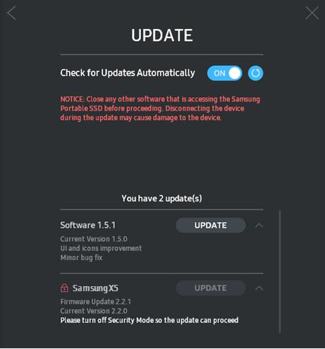 UPDATE( 업데이트 ) 버튼을클릭하면 다운로드하고업데이트할수있습니다., 최신소프트웨어 ( SW ) 또는펌웨어 ( FW ) 를 Check for Update Automatically( 업데이트자동확인 ) 옵션버튼을클릭하면, Samsung Portable SSD가연결될때마다 SW 및 FW를자동으로업데이트할지를선택할수있습니다.