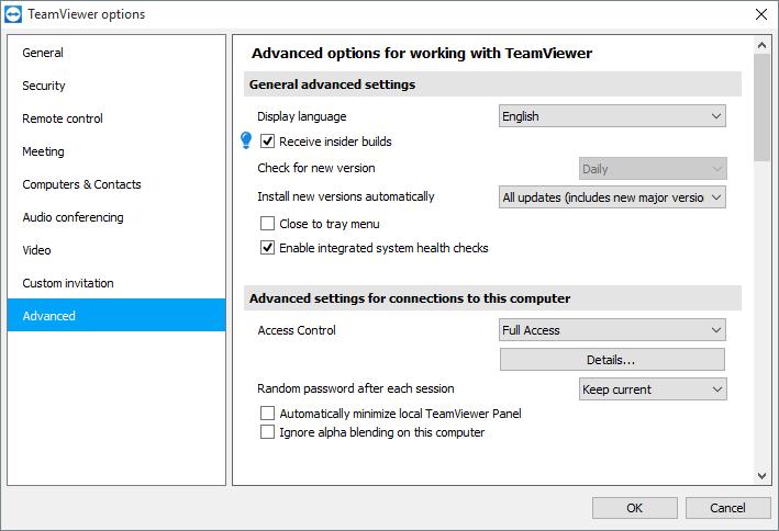 13 옵션 그러려면고급옵션보기를클릭하십시오. 표시언어 참가자빌 드받기 TeamViewer 표시언어를선택합니다. 새언어설정을적용하려면 TeamViewer 를재시작해야합니다. 활성화하면 TeamViewer의최신시험판버전을자동으로수신합니다. 활성화하면 TeamViewer 가매일업데이트를검색합니다.